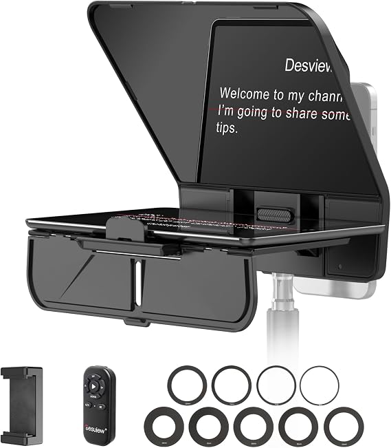 Desview T5 Teleprompter for Smartphone/11'' Tablet/DSLR, 49-82mm Adapter Rings, Durable Coated Glass, Bluetooth Remote & Free APP, for Live Streaming/YouTube/Vlogging/Video Recording