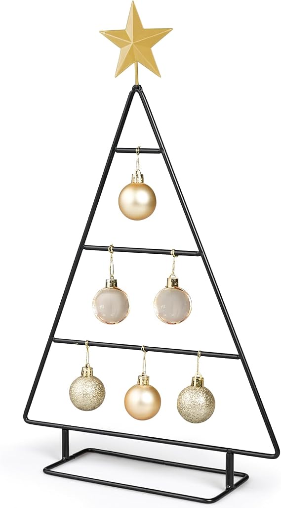 16 Inch Metal Xmas Christmas Tabletop Ornament Christmas Tree Shaped Display Stand Holder Black Ornament Display Stand for Balls Decorations