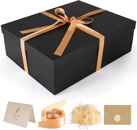 Gift Box, 16.5x13x5.5 inches Large Black Gift Boxes with Lids for Presents | Birthday Box Contains Card Ribbon Shredded Paper Filler, Gift Wrap Boxes for Valentine Mother's Day Christmas Anniversary