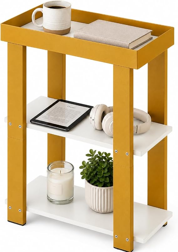 3-Tier Narrow Side Table with Tray Top, Slim Side Table, White&Gold