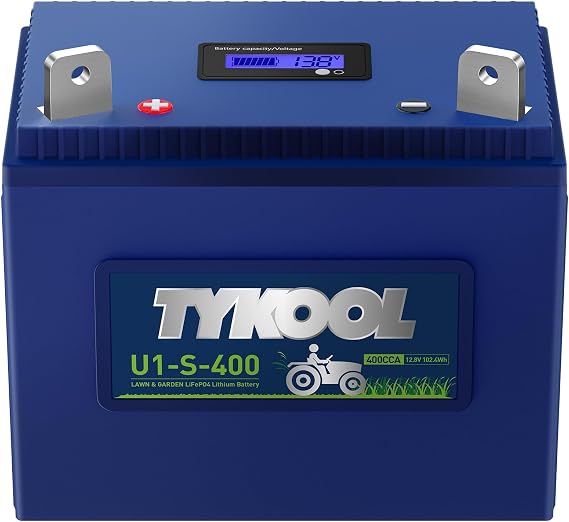 TYKOOL U1-S-400 Group U1 Lithium Lawn Mower Battery,400A 8AH, for John Deere,Cub Cadet,Craftsman Riding Mowers and Tractors,Smart BMS with SOC Display,IP66,V0 Fireproof,Replaces 725-1707D,U1-9 [+]