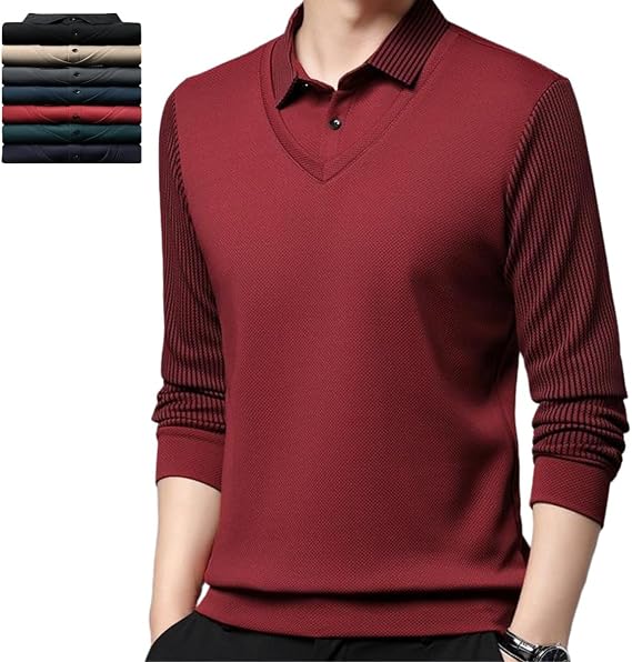 Men's Striped Lapel Fake 2-Piece Shirt,1/4 Button Up V Neck Lapel Pullover,Long Sleeved Fit Solid Polo Shirts Casual Tops
