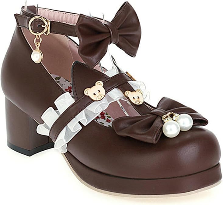 Women's Kawaii Platform Ankle Strap Chunky Heel Mary Jane Pumps Cute Round Toe Goth Bow Lace Party Lolita Dress Shoes