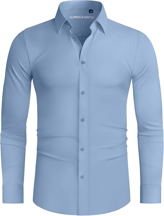 Alimens & Gentle Stretch Mens Dress Shirts Slim Fit Long Sleeve Casual Skinny Muscle Fit Wrinkle Free Button Down Shirt