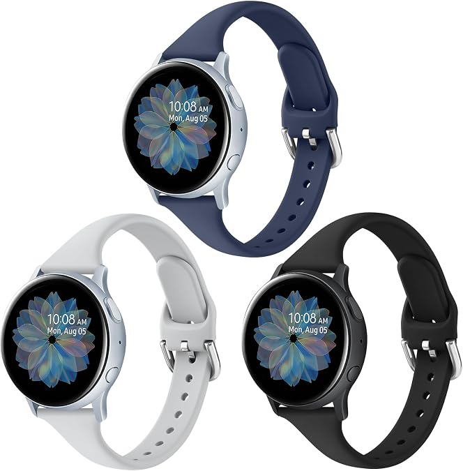 3 Pack Slim Sport Bands for Samsung Galaxy Watch Active 2 / Samsung Galaxy Active Watch 40mm 44mm, Soft Liquid Silicone Waterproof Straps for Replacement for Galaxy Watch Active Wristbands Women Men