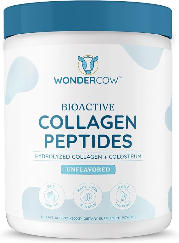 WONDERCOW Collagen Peptides Powder w/Bovine Colostrum, Naturally-Sourced Hydrolyzed Bone Collagen Powder, Hair Skin Nail & Joint Support,Type I & III Grass-Fed Collagen Supplements for Women & Men