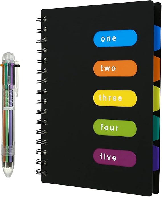 KESOTE Spiral Notebook with Divider Tabs, Professional Notebooks for Work School, Wide Ruled 5 Subject 6.3" 9.4" Tabbed Notebook Journal with Pen, 300 Pages, Black