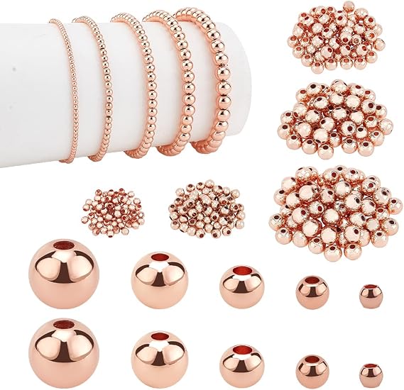 PH PandaHall 300pcs Rose Gold Plated Beads, 5 Sizes Round Spacer Beads Seamless Smooth Ball Bead Long-Lasting Spacers for Bracelet Necklace Earring Jewelry Making DIY Crafts (2mm, 3mm, 4mm, 5mm, 6mm)