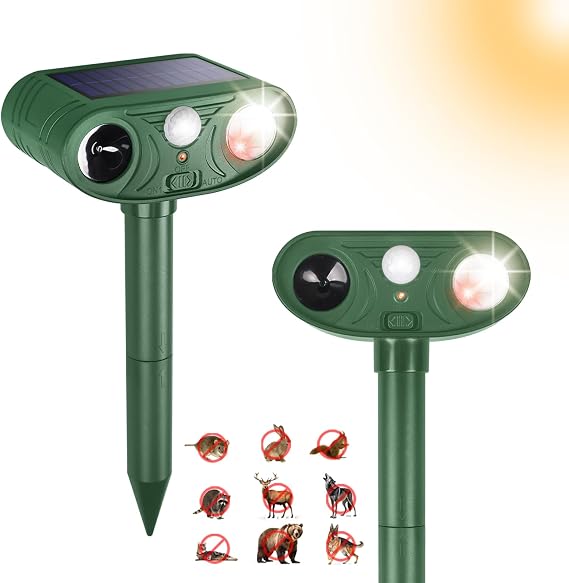 Solar Ultrasonic Animal Repellent Outdoor with Motion Sensor Strobe Light | Deer Repellent Devices for Squirrel Rats Snakes Rabbit 25KHZ Silent Deterrent Dual Mode Yard Garden Lawn Pest Control 2PCS