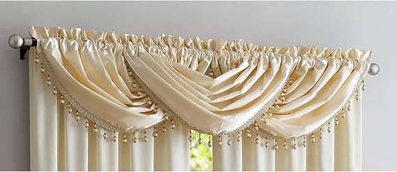 Crushed Satin Rod Pocket Panel and Waterfall Valance with Decorative Fringe Window Treatments, Curtain Set for Your Home, All Sold Separately (Beige, Valance - 48X37 Inches)