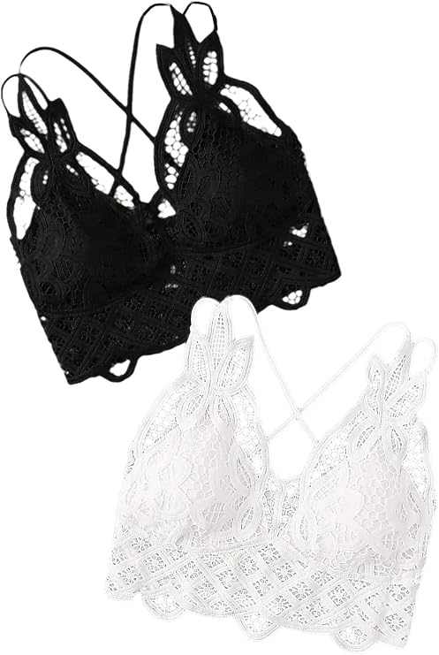Floerns Women's Sexy Lace V Neck Criss Cross Back Bralette Crop Top
