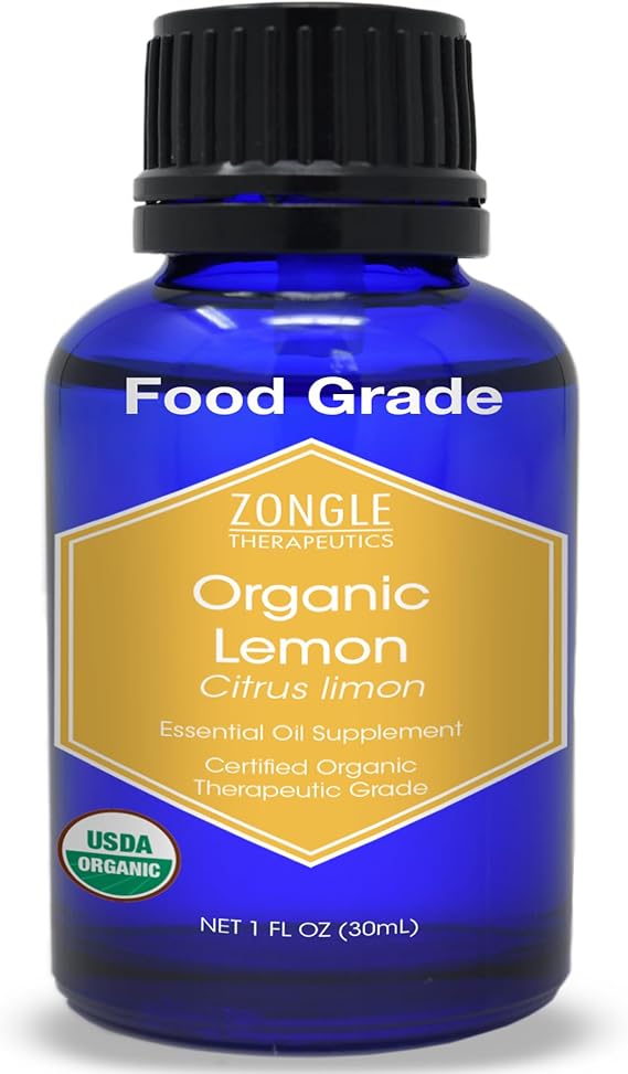 Organic, Lemon Essential Oil, Food Grade, for Cooking, Baking 100% Pure, Lemon Oil, by Zongle Therapeutics, 1 OZ