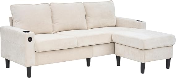 Sofa, 3 Seater Sofas with USB Charging Ports and 2 Cup Holders on Armrest, Corner Sofa Couch with Ottoman for Living Room with 2 Side Pockets, Beige