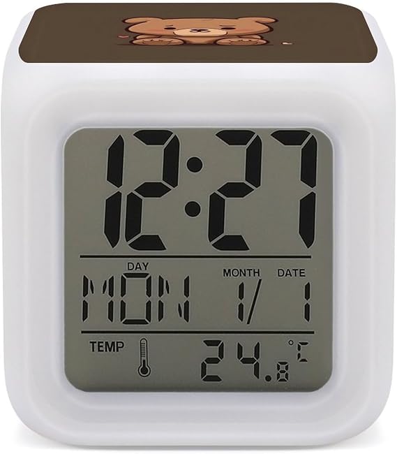 Alarm Clock LED Display Cartoon Brown Cute Bear Alarm Smart Digital Alarm with 7 Color NightLight NightLight Clock for Heavy Sleepers Simple Operation Easy to Use