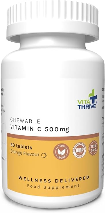 VitaThrive® Vitamin C 500mg Chewable Tablets – High Strength Vitamin C Supplement for Immune Support, Collagen Formation & Daily Wellness – Orange Flavour Chewable Tablets – 90 Tablets