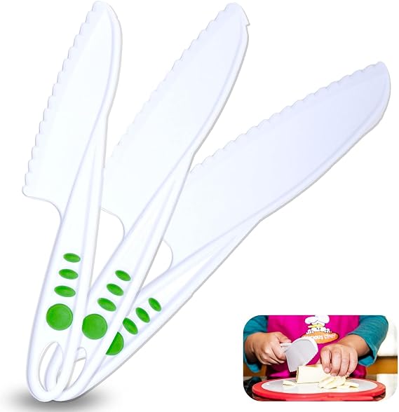 Curious Chef Kid Safe Kitchen Knife Set - 3-Piece Nylon Knives for Kids, White & Green, Ages 4+ Non-Scratch Tools for Nonstick Pans & Kitchen Tool Set