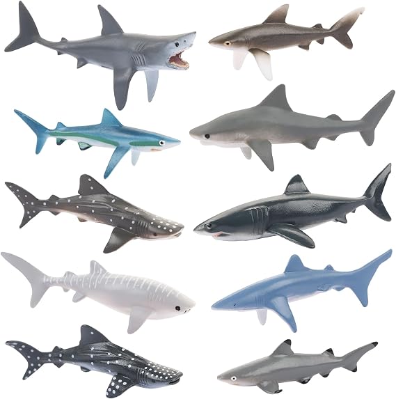 10pcs Shark Figures Miniature Realistic Marine Ornaments Animals Figures Cake Topper 10 Styles with Great White Shark Megalodon for School Office Classroom Parties Landscape Cake Decoration