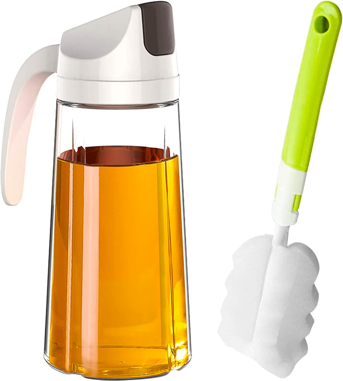 VUL Oil Dispenser, Auto Flip Cap Oil Bottle for kitchen, 630ml Glass Olive Oil Bottle with Brush, Non-Drip Spout, Leakproof, Non-Slip Handle Container for Kitchen Cooking