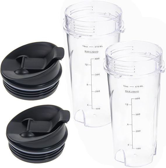 16oz Replacement Cups for Ninja BL770 BL660 BL810 Fit Compact Personal Blender, 16oz Blender Cups Replacement Parts Compatible with Ninja QB3001SS Blender (2 cups+ 2 sip&seal lids)