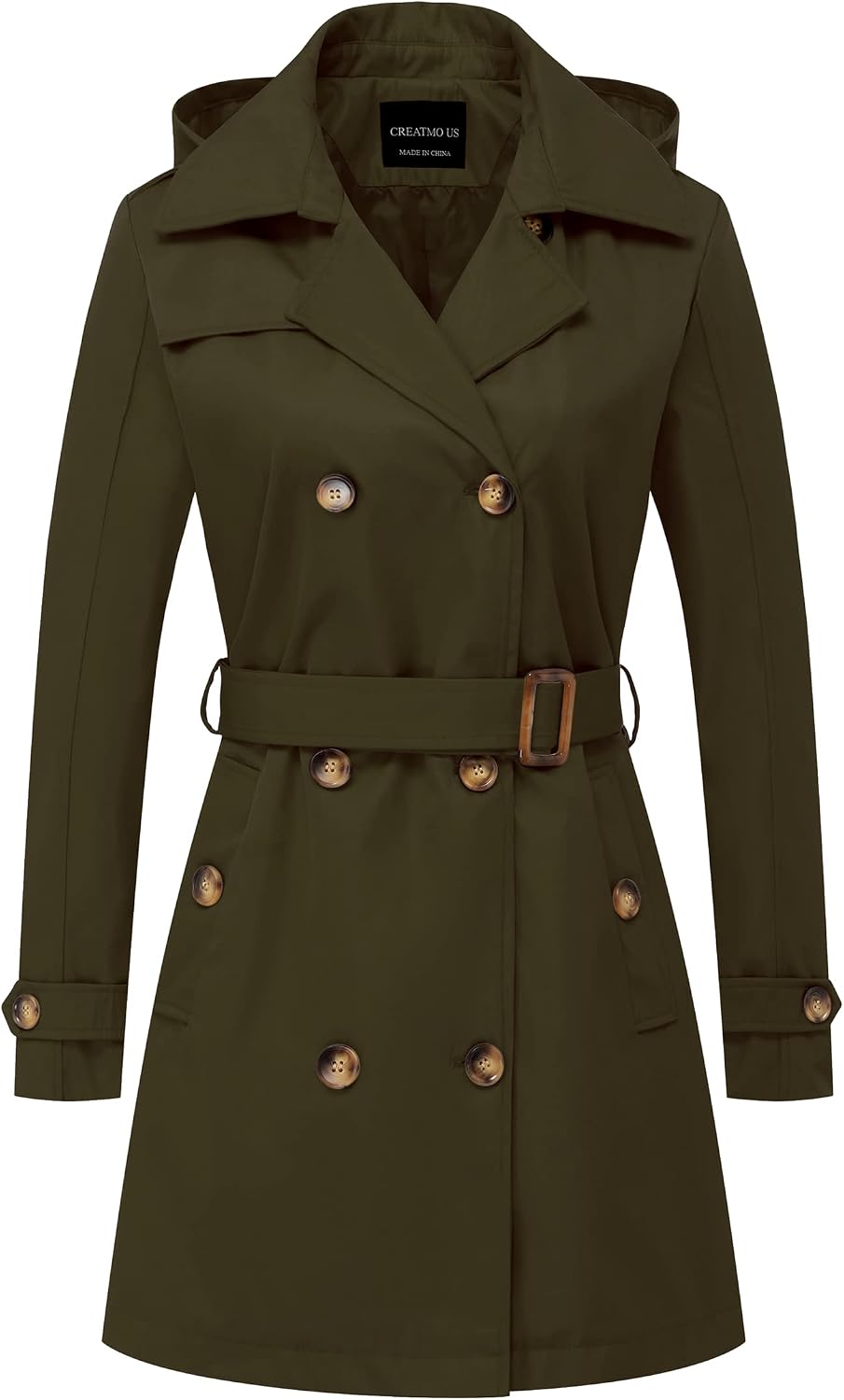 CREATMO US Womens Trench Coat Double-Breasted Classic Lapel Overcoat Belted Slim Outerwear Coat with Detachable Hood