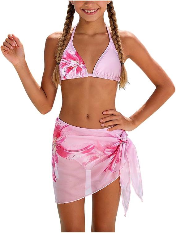 3 Piece Bikini Set for Girls Halter Triangle Top Floral Print Mid Waist Bottom Cover Up Skirt Cute Swimwear
