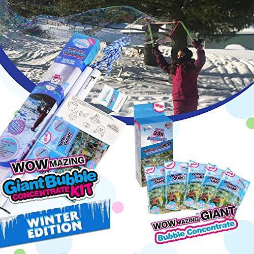 WOWMAZING Winter Edition Giant Bubbles: Incl. Wand, 7 Big Bubble Concentrate Pouches and 8 Glow-in-The-Dark Stickers | Outdoor Toy for Kids, Girls | Bubbles Made in The USA
