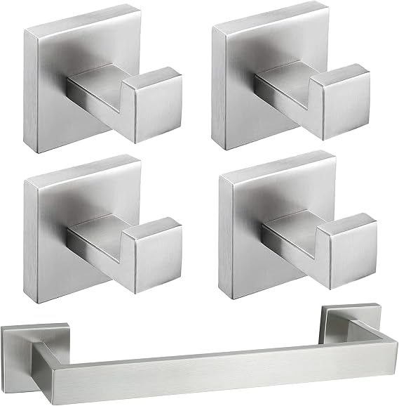 Nolimas Brushed Nickel Bathroom Hardware Set 5 Pieces SUS304 Stainless Steel Square Wall Mounted Including 12Inch Towel Rack Wall Mounted, Robe Towel Hooks,Bathroom Accessories Kit