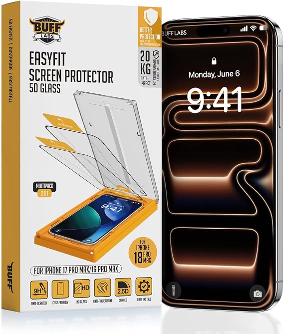 BUFF LABS 5D Glass EasyFit 2 Adet Kolay Uygulama Aparatlı Ekran Koruyucu Temperli Şeffaf Cam (18 Pro Max/iPhone 17 Pro Max/iPhone 16 Pro Max)