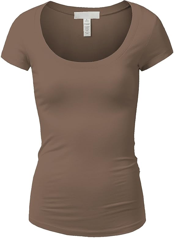 Active Basic Womens Plain Basic Deep Scoop Neck with Cap Short Sleeves - Mocha - Medium