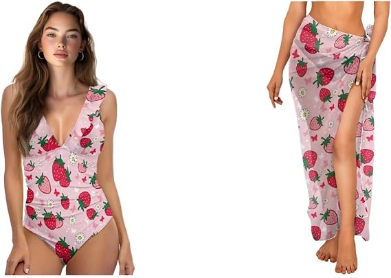 Womens One Piece Bathing Suits with Sarong Coverups Sheer Bikini Cover up Lace Up Swimsuits High Waist Swimwear