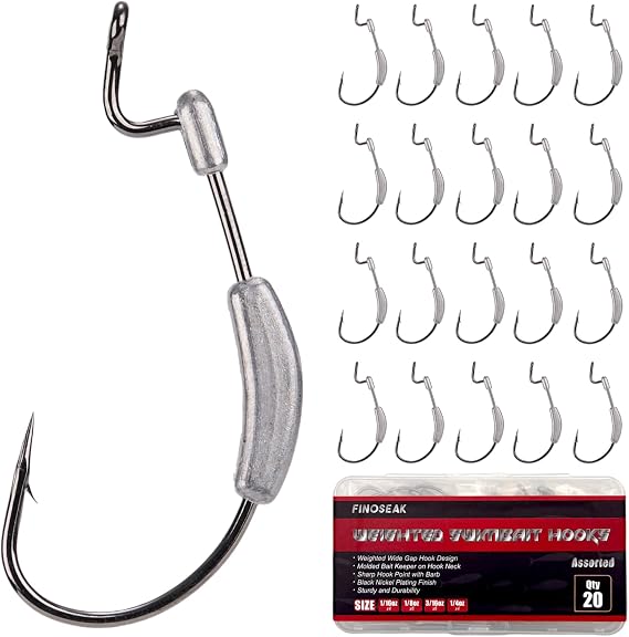 Weighted Hooks for Fishing, 20Pcs Weedless Worm Hooks 1/0-4/0