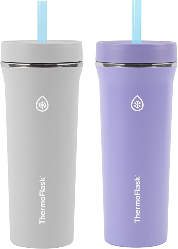 ThermoFlask Tumbler - BPA-Free Water Tumblers - Durable, Reusable Tumblers with Plastic Lids & Straws - Travel Water Container with Temp-Lock Technology - 32 oz, Purple/Grey (2 Pack)