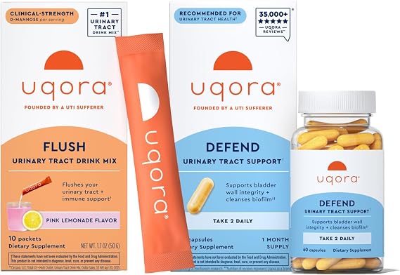 Uqora Flush (Pink Lemonade, 10 Packets) & Defend (60 Capsules) Bundle - Support Urinary Tract* with D-Mannose, Vitamin C & More - Support Bladder Health & Cleanse Biofilm* with D-Mannose & More