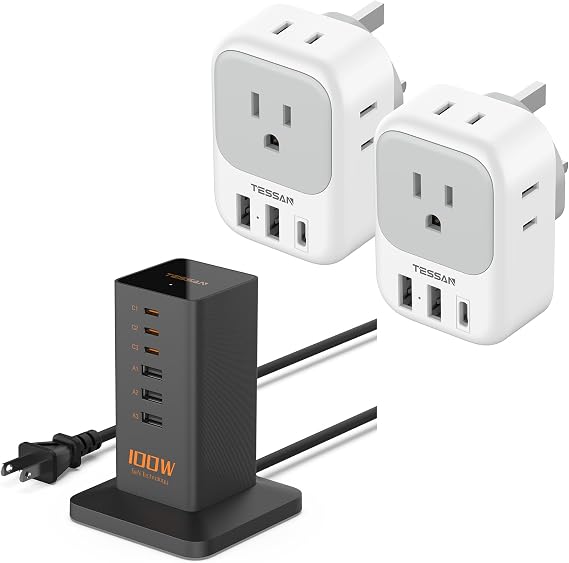 US to UK Plug Adapter 2 Pack, TESSAN Type G Travel Converter with 4 Outlets 3 USB Charger(1 USB C Port), USB C Charging Station, TESSAN PD 100W Phone Chargers for Multiple Devices