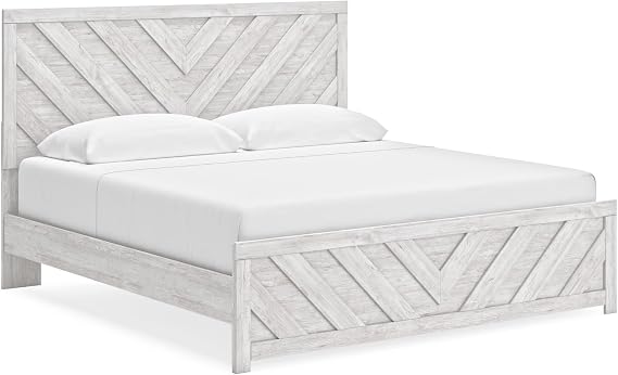Signature Design by Ashley Cayboni Whitewash King Panel Bed Frame | Charming modern farmhouse aesthetic, Durable engineered wood, Decorative laminate build, Long-lasting everyday use