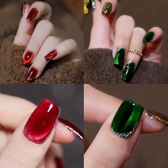 Cat Eye Magnetic Gel Nail Polish (Red+Treasure Green), 0.34 Fl Oz (Pack of 1)
