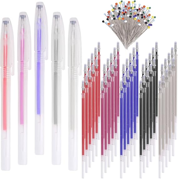 155 Pcs Heat Erasable Pens Set, Heat Erasable Fabric Marking Pens Heat Erase Pens with 50 Pieces Refills and with 100 Pcs Sewing Pins for Quilting Dressmaking,Tailors Chalks Christmas Gift