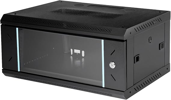 4U Black Wall Mount Network Server Cabinet, 9.4in Deep with Locking Glass Door. Ideal for Data/Monitoring Rooms, secures Servers. Perfect for tech setups.