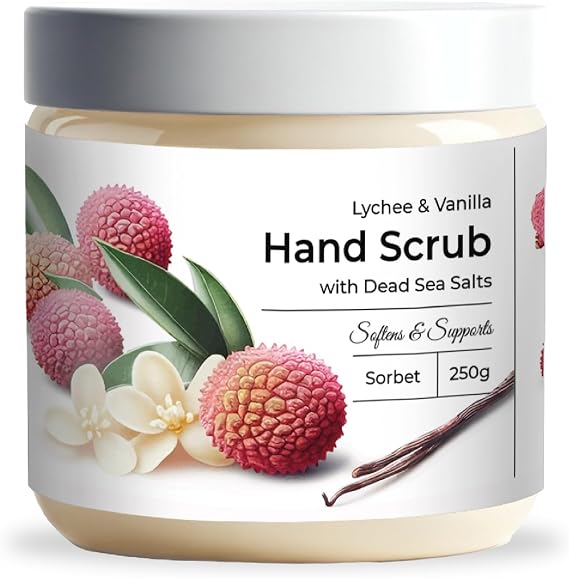 CalmGrace Exfoliating Hand Scrub with Dead Sea Salts - Lychee & Vanilla Scent | Hand Scrub Exfoliator with Sorbet Texture Enhanced with Aloe Vera, Coconut Oil, Vitamin C | 250g