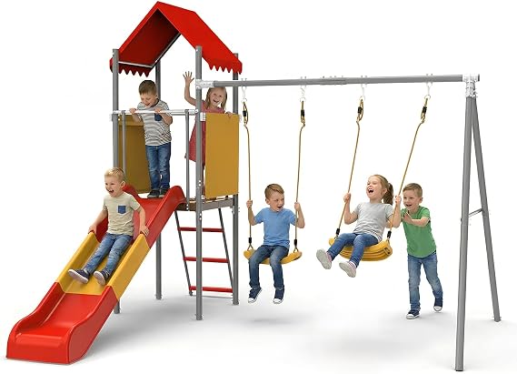 Playground Sets for Backyards, 440lbs Metal Heavy Duty Sturdy Swing Set with Slide & 2 Swing Seats, Upper Deck with Canopy, Outdoor Swing Sets for Backyard, for Kids - Flat-Step Ladder