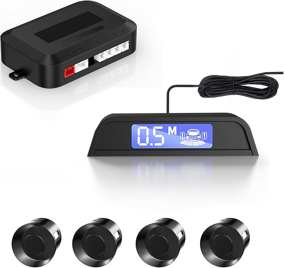 Compact Screen Parking Sensors with Sound Warning, 4 Black Parking Sensors for Car, Vans, RV, Trailer Reliable Rear Obstacle Detection