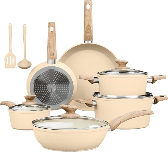 Kitchen Academy Beige Pots and Pans Set Non Stick, 12Pcs Induction Cookware | Granite Nonstick Cookware Sets. Healthy kitchen cooking pan and pot. Even heating, easy to clean.100% PFOA & PFAS free.