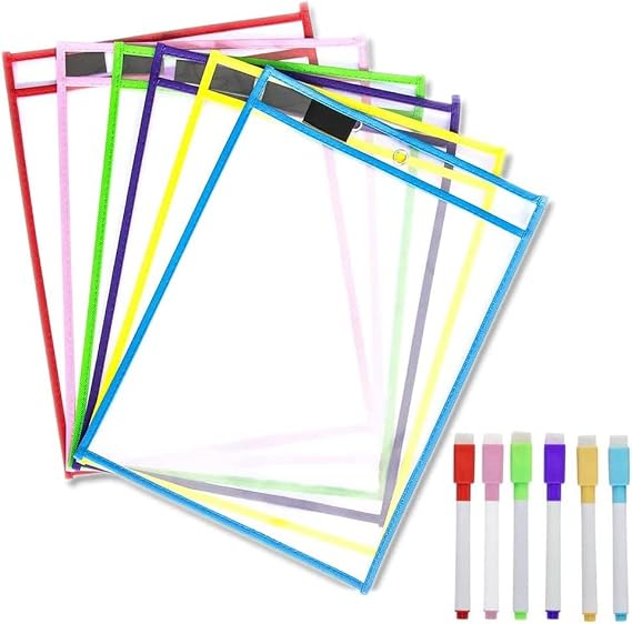 Reusable Dry Erase Pockets, 6 Pack Reusable Dry Erase Sleeves, Assorted Colors Sheet Protector, Dry Erase Pocket Sleeves