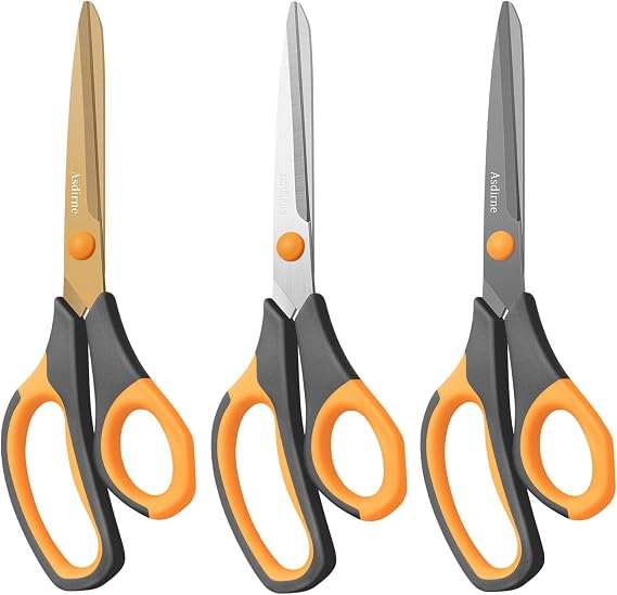 Asdirne Titanium Coating Scissors, Premium All Purpose Scissors, Ultra Sharp Stainless Steel Blades, Comfortable Grip, Great for Craft, Office, School and Everyday Use, Black/orange, 21.8cm, Pack of 3