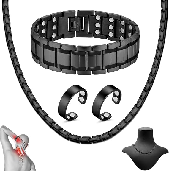 Magnetic Bracelets for Men Magnetic Necklace & Ring Set with Adjustable Sizing Tool