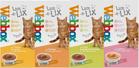 Webbox Lick-e-lix Cat Food Yoghurt Variety Pack (1 x Salmon 1 x Chicken 1 x Liver Sausage 1 x Cheese & Taurine)