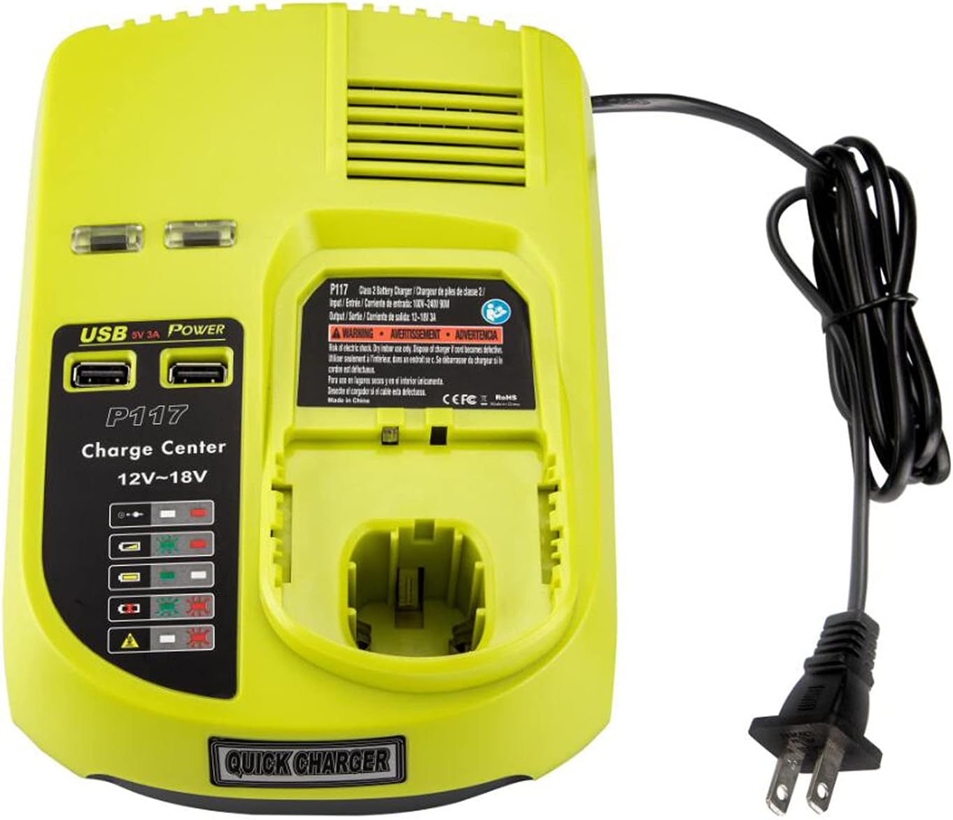 YEX-BUR P117 Dual Chemistry 18V Battery Charger Replacement for Ryobi Fast Charger ONE P117 P118, Compatible with Ryobi 18V 14.4V 12V Lithium NiCd NiMh Battery P100 P101 P102 P103 P105 P107 P108