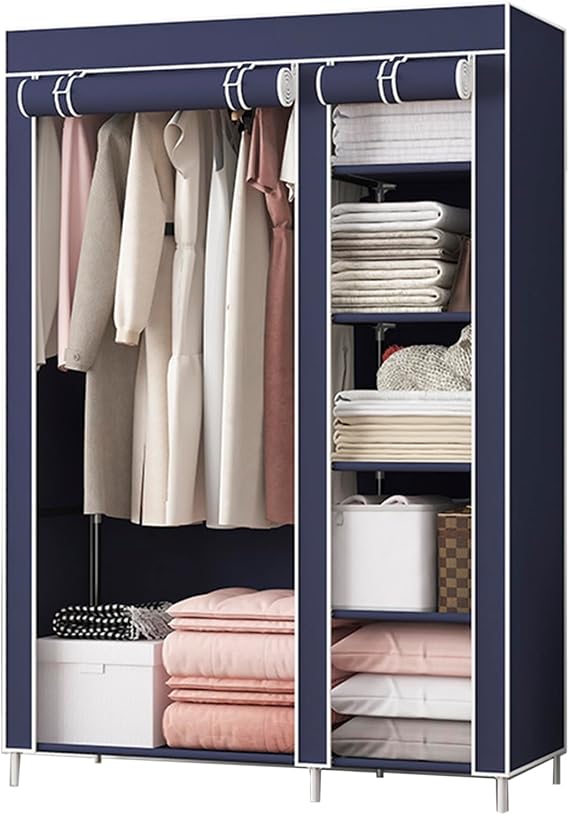 Portable Wardrobe Closet, Clothes Storage Cabinet with Dustproof Cover, 6 Shelves and 1 Hanging Rods, Stable and Easy Assembly Clothes Storage Organizer for Living Room,Bedroom,Cyan