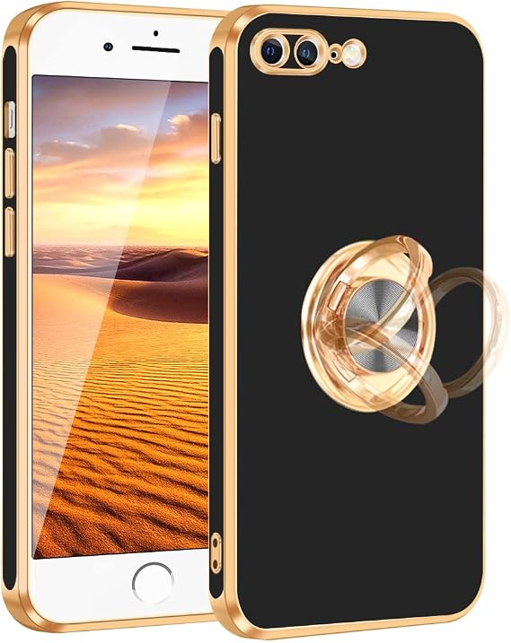 Fingic for iPhone 7 Plus Phone Case,iPhone 8 Plus Case with Ring Stand Holder,360Rotatable Magnetic Kickstand Shiny Gold Edge Slim Shockproof Protective Case for iPhone 7/8 Plus for Women Men,Black