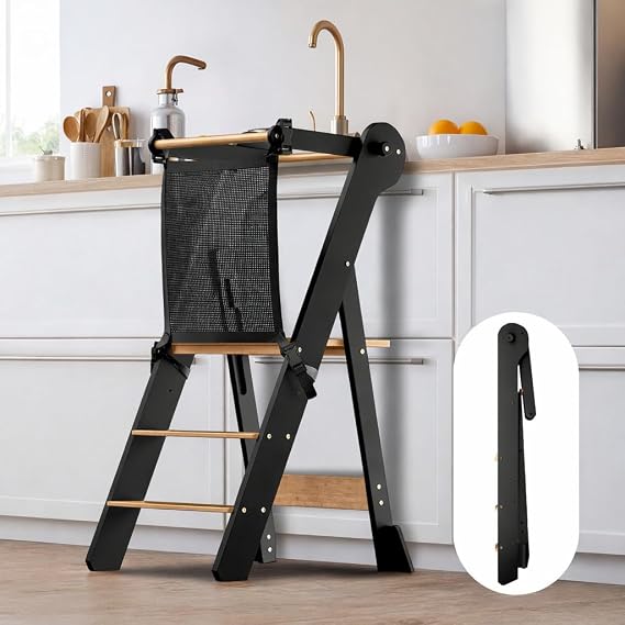 COSYLAND Foldable Kitchen Step Stool for Kids – Space-Saving Standing Stool with Protective Net – Height-Adjustable with Stabilizing Block (Black & Natural)